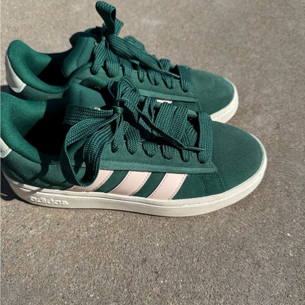 Adidas Forest Green Sneakers with Soft Pink Accents